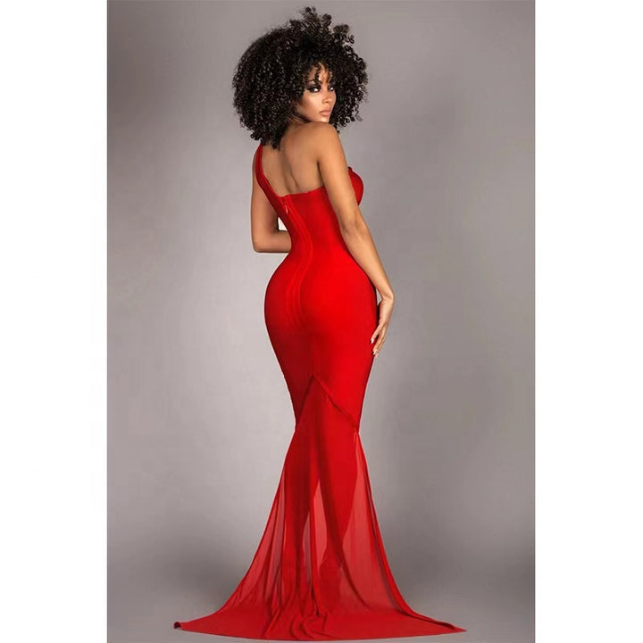 Women one shoulder beaded red mesh mermaid bodycon dress