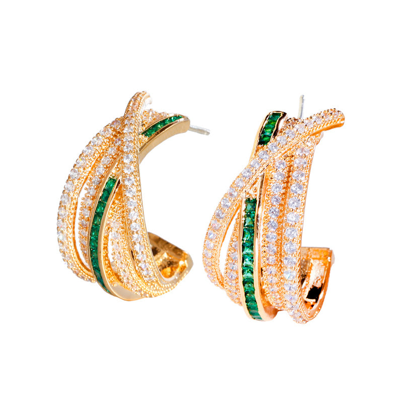 Geometric Multiple Chunky Twisted Round Green Cubic Zirconia Hoop Earrings for Women Yellow Gold Plated CZ Hip Hop Jewelry