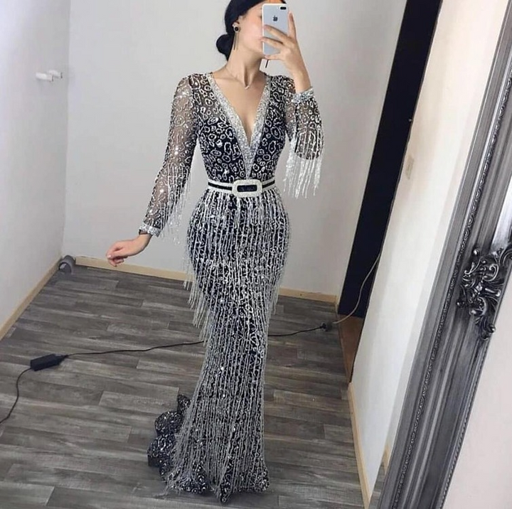 Deep v neck style glitter sequined mermaid womens evening dress