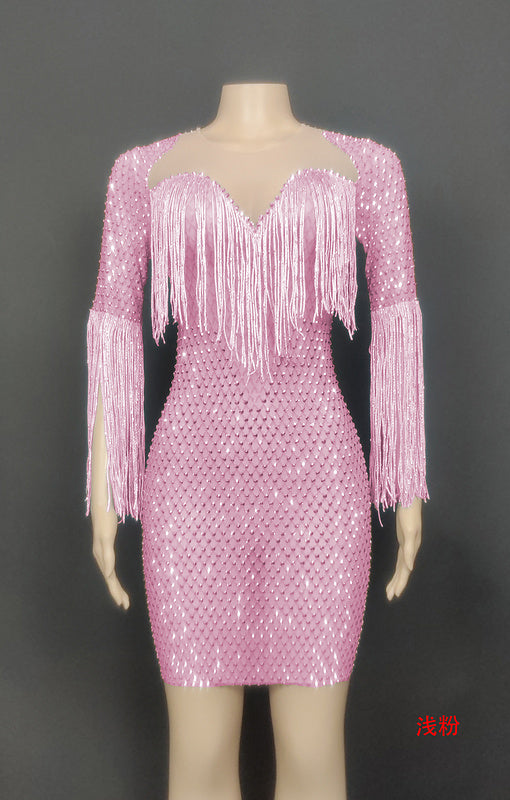 Crystal diamonds tassels women clothing sheath low cut see through luxury party gown