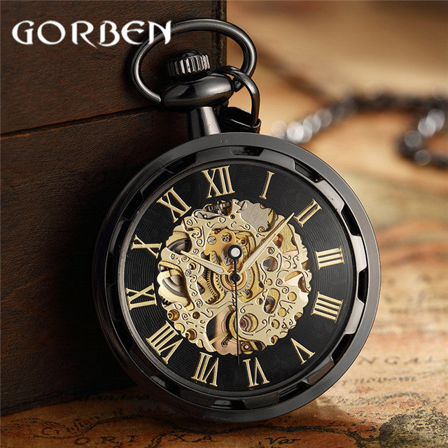 retro watch necklace steampunk skeleton mechanical fob pocket watch roman number clock pendant hand winding men women chain gift