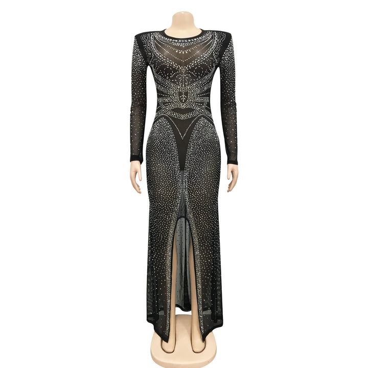 Women see through dress diamond mesh hot drill high slit floor length