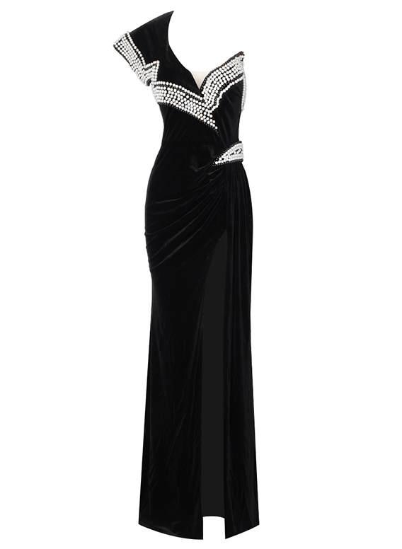 Long one shoulder velvet split pearl evening dress women