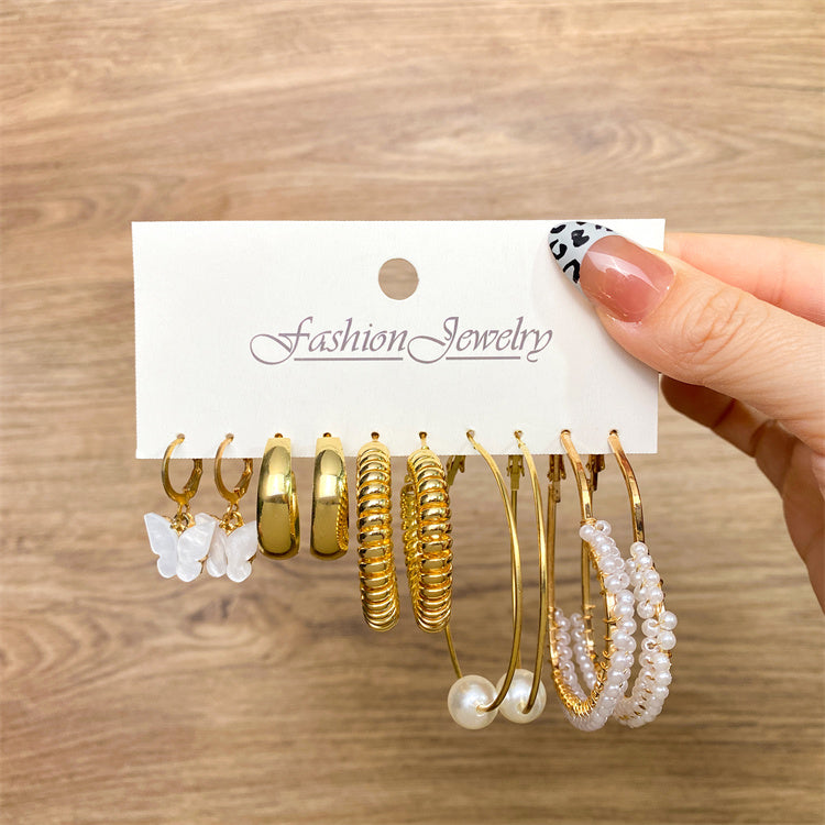 Women fashion geometric pearl stud gold leopard hoop earings