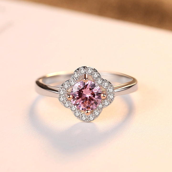 Womens 925 silver flower shape wedding ring with clear pink zircon crystal stone