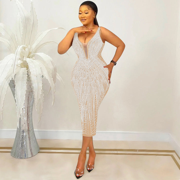 Womens Fashion tight v neck sleeveless sparkle rhinestone dress plus size maxi