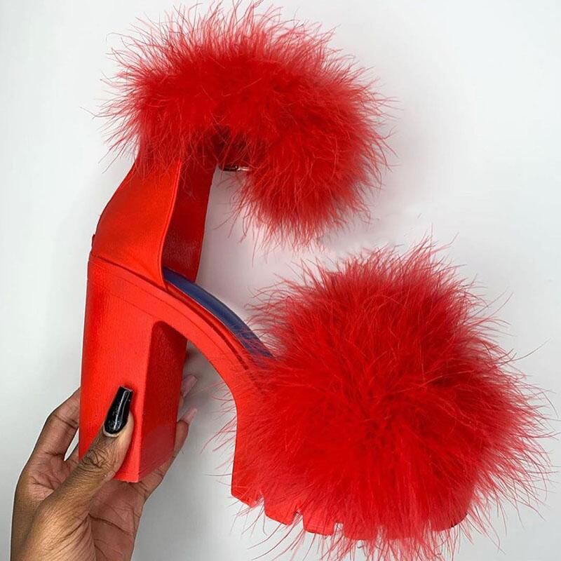 Chunky platform faux fur high heel sandals open toe women fashion luxury