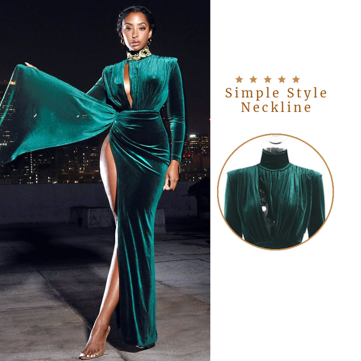 Long sash suede green cutout high slit velvet dress womens hep style