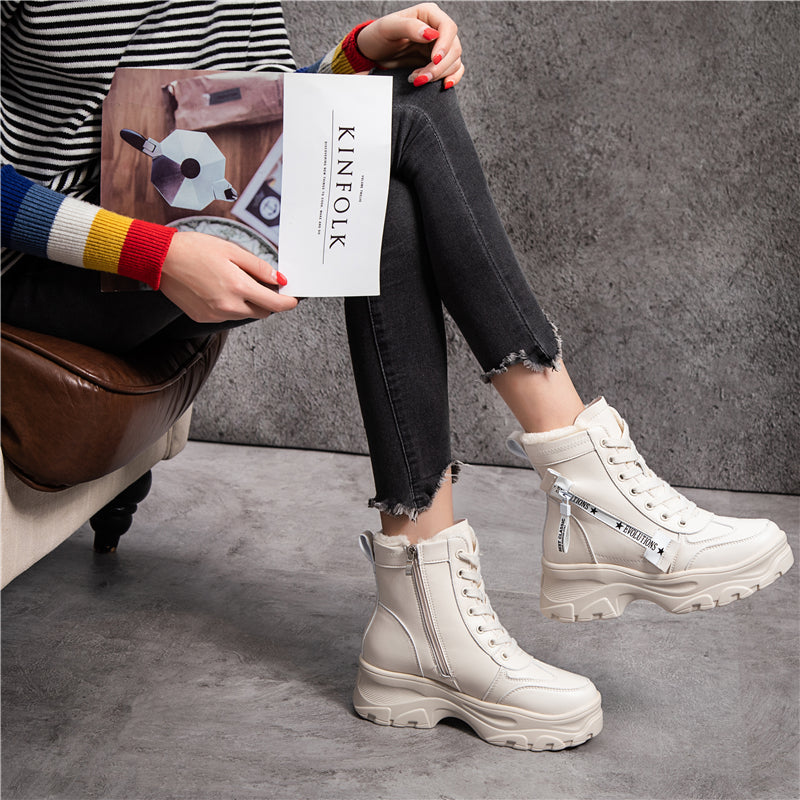 leather womens chunky boots winter thick fur platform Apparel & Accessories > Shoes