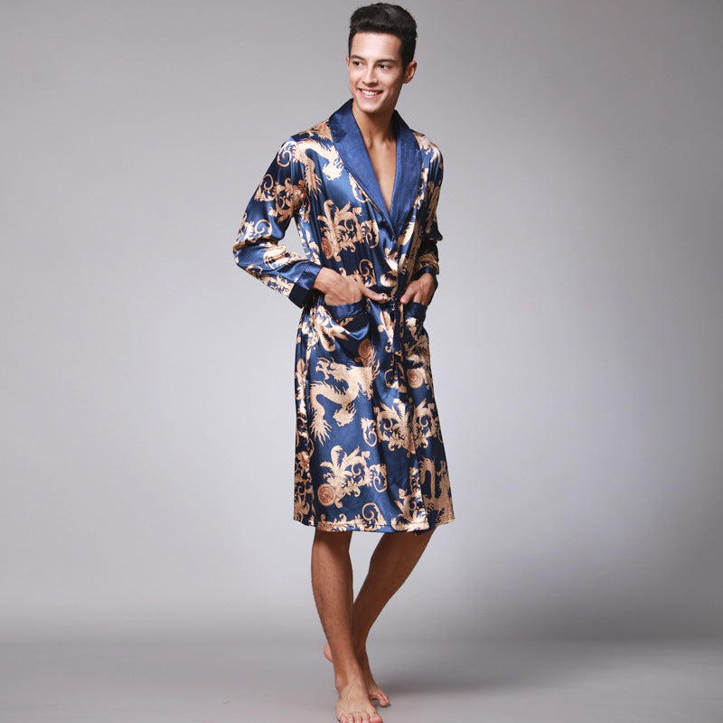 Dragon phoenix print men silk satin couple pajamas sets