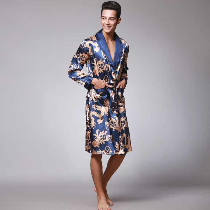 Dragon phoenix print men silk satin couple pajamas sets