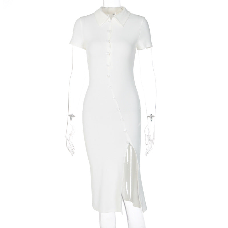 Womens bodycon short sleeve button turn down collar casual split midi
