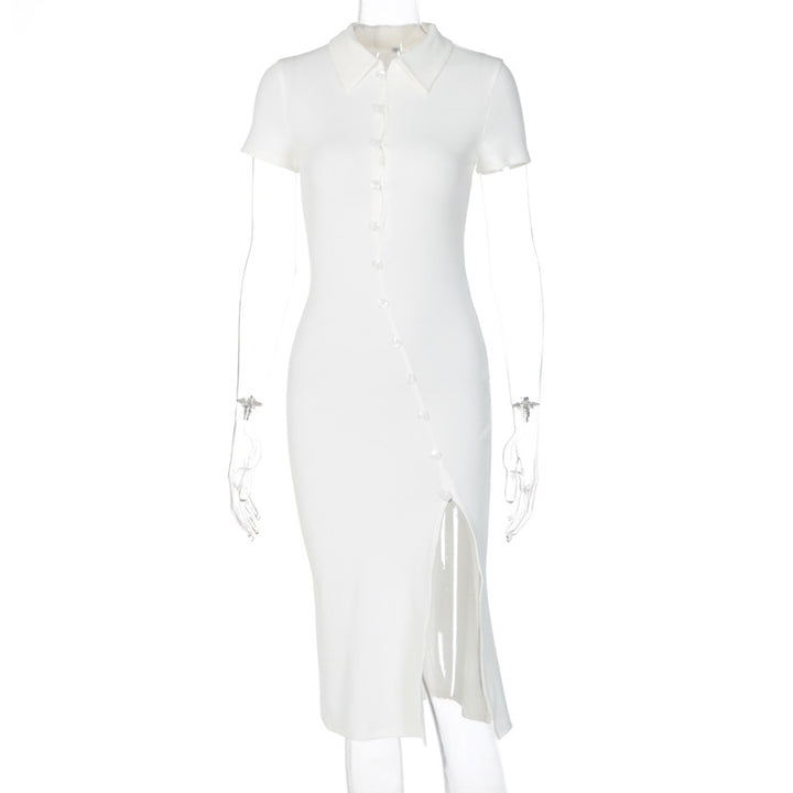 Womens bodycon short sleeve button turn down collar casual split midi