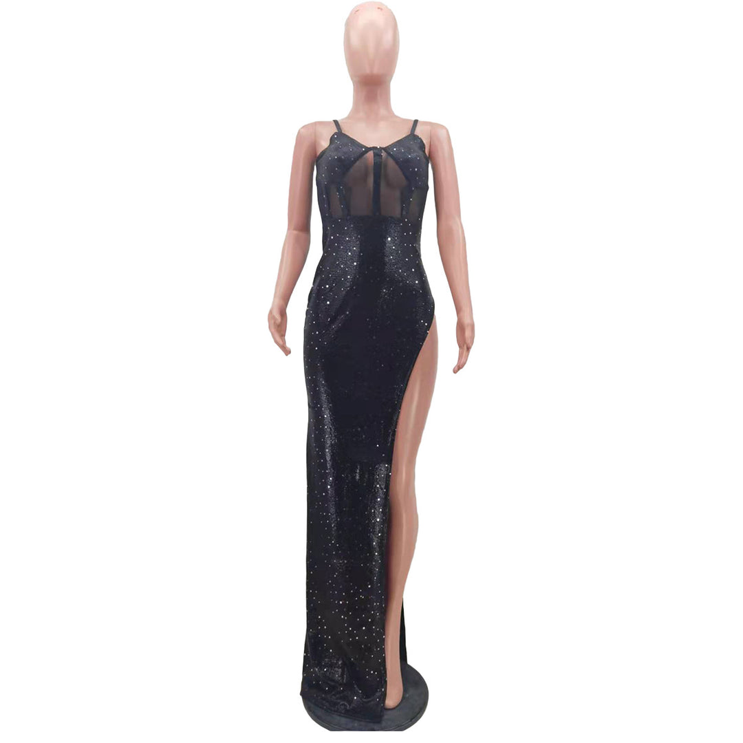 Womens dress solid color jacquard bronzing sequins mesh bag hip skirt