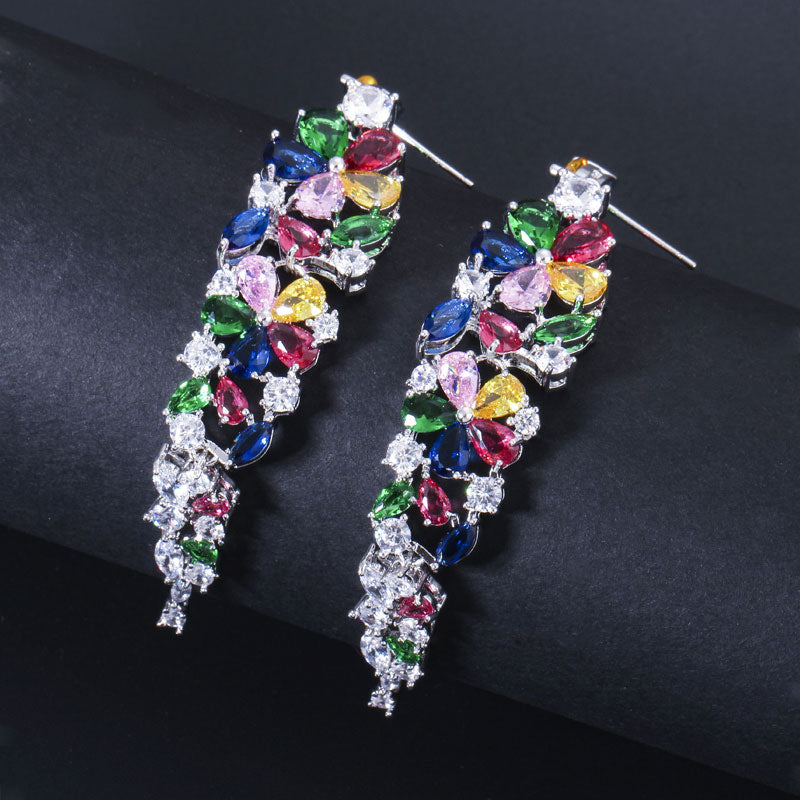 Multi colored flower cubic zirconia crystal 8 2 cm long earrings bridal jewelry