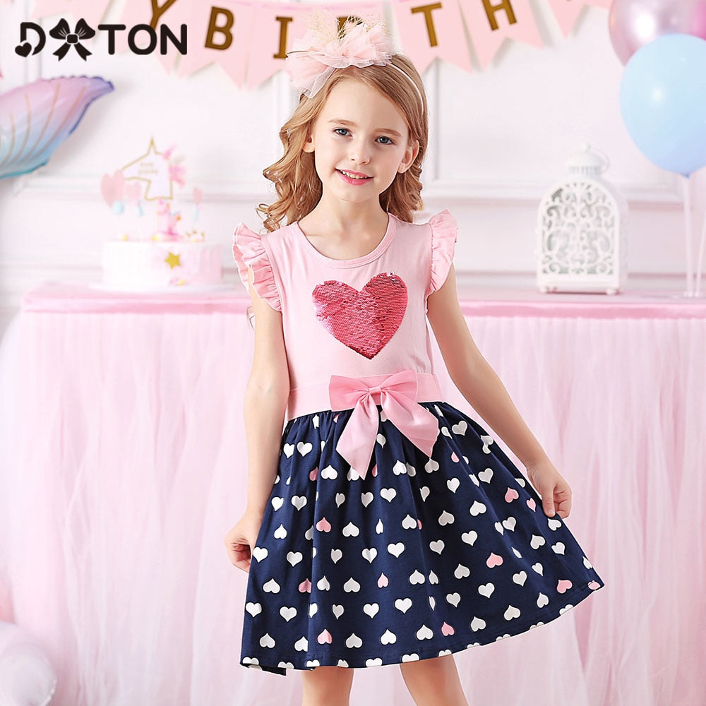 DXTON 2022 Girls Clothes New Summer Girls Dresses Flying Sleeve Princess Dress Sequin Heart Girls Vestidos Casual Children Dress