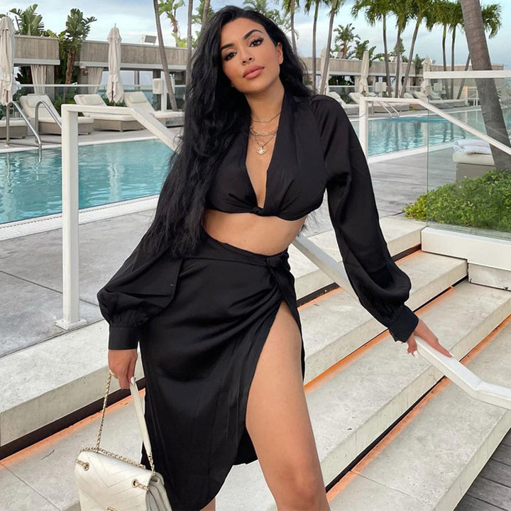 Womens v neck crop top high split skirt set satin 2 pc long sleeve