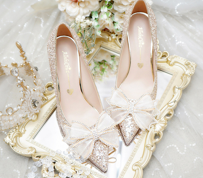 New Pretty Big Bow Lady Girls Dress Glitter Shoes Pointed Toe High Heels Bridal Wedding Pumps Shoes