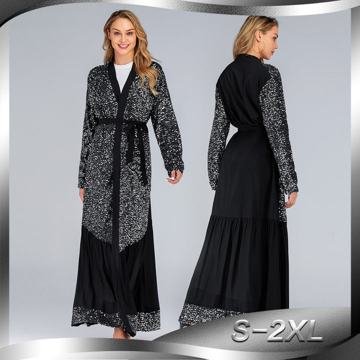 Sequins black kaftan kimono cardigan muslim hijab dress