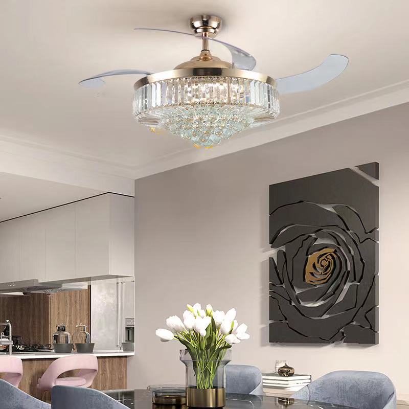 42inch Modern Ceiling Fans With Light Crystal Led Chandelier Pendant Fixture Retractable Blades Remote Control