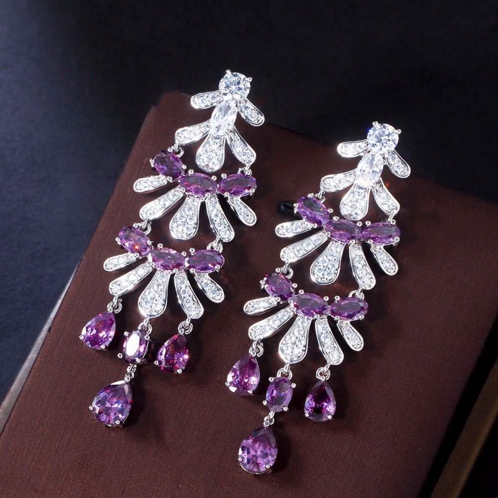 Royal purple cubic zirconia crystal long drop tassel womens wedding earings