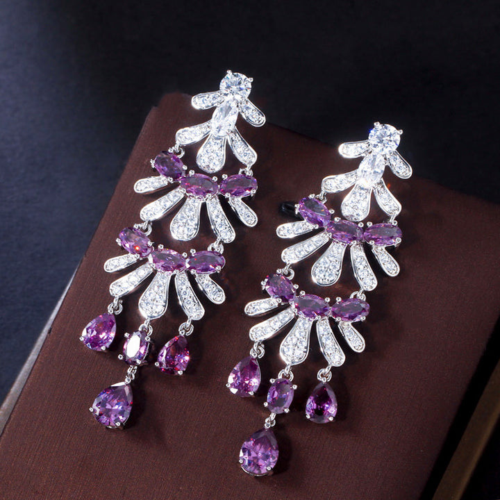 Royal purple cubic zirconia crystal long drop tassel womens wedding earings