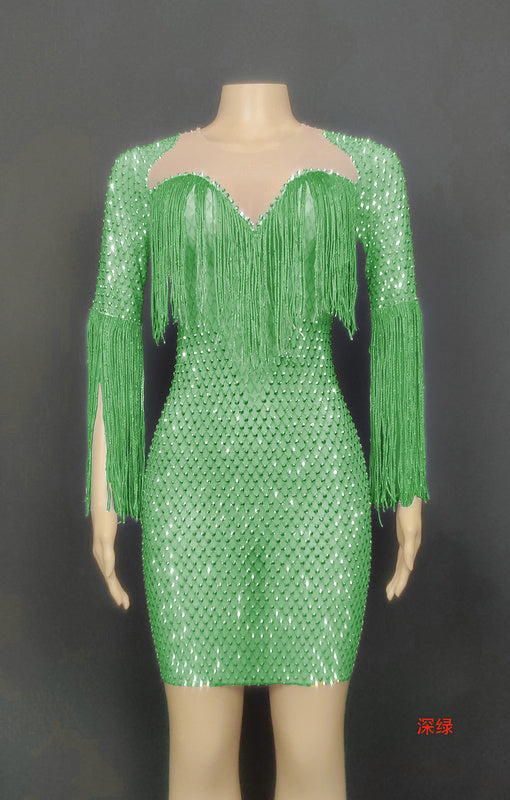 Crystal diamonds tassels women clothing sheath low cut see through luxury party gown