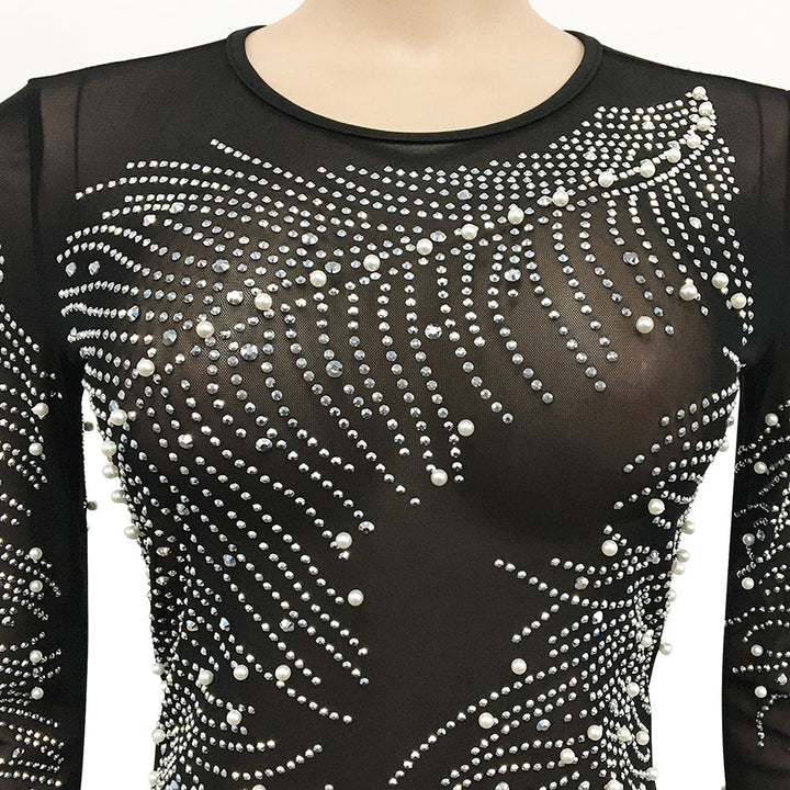 Mesh see through rhinestone bling party womens formal elegant dress