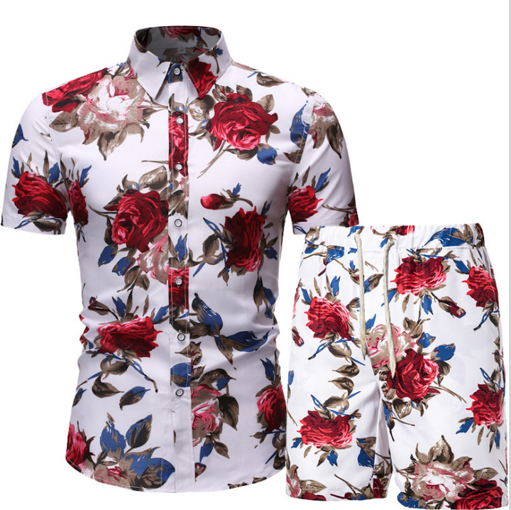 Mens 2 pc hawaiian shirt and shorts sets sleeve floral beach