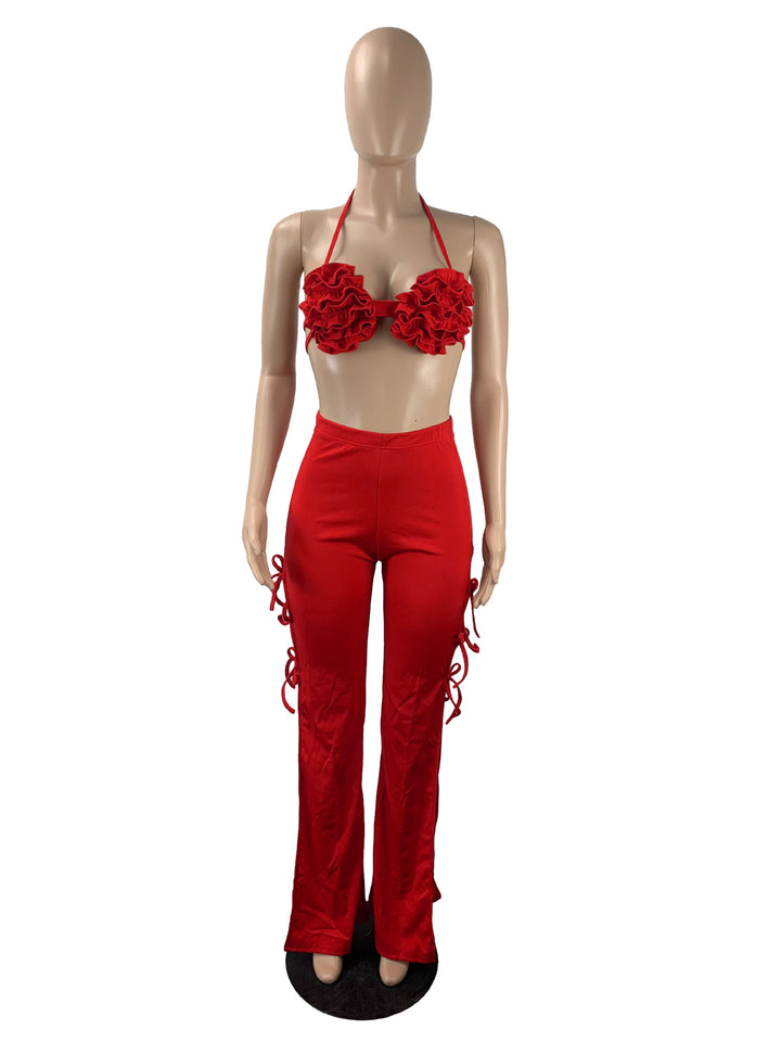 Solid color sexy tie up flared two piece womens pant bra set