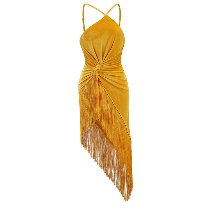 Gold new halter sleeveless tassel velvet party dresses for women