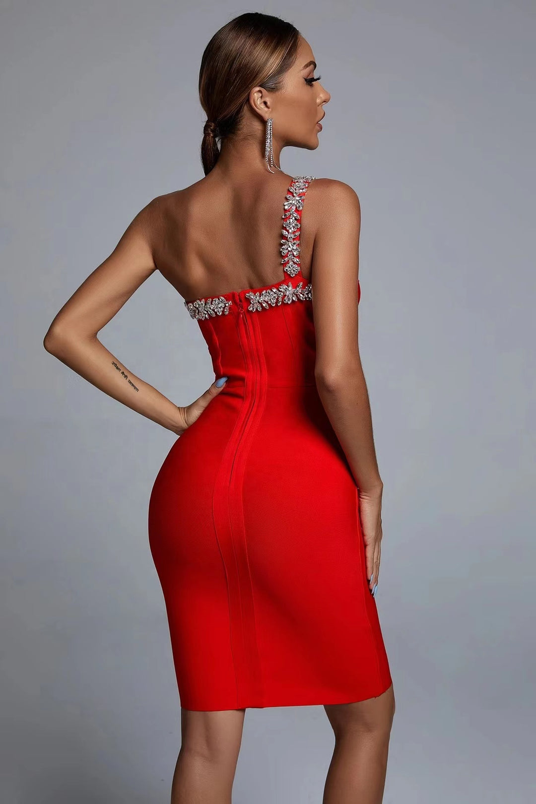 Womnes one shoulder collar rhinestone bodycon evening dresses