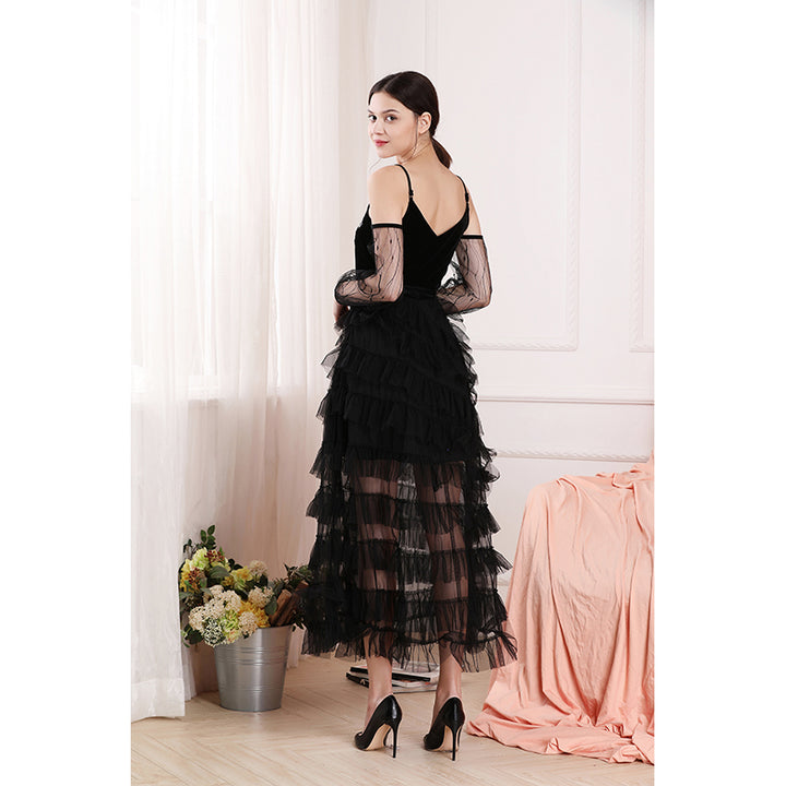 Thin strap v neck transparent tiered womens high quality velvet top black mesh dress