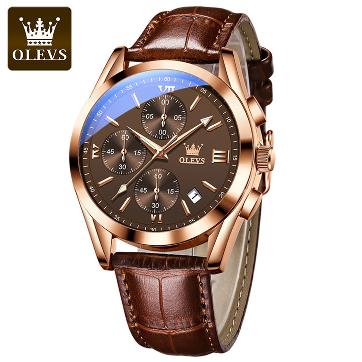 Blu ray glass three eye belt quartz mens watch