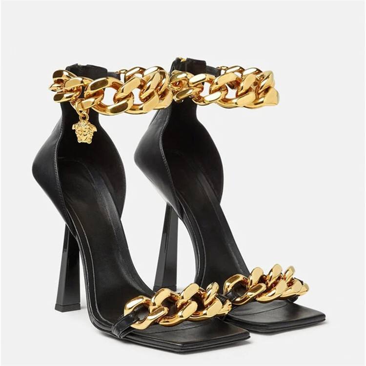 New design gold chain square head open toe women high heel sandal Apparel & Accessories > Shoes