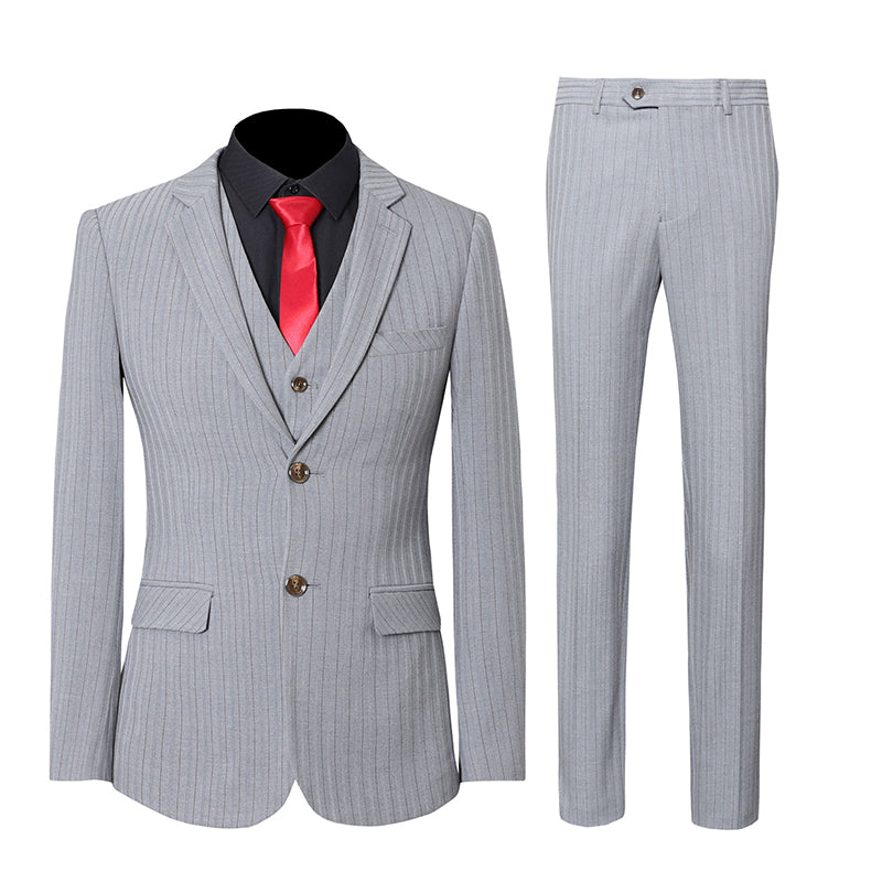 2021 New Men's Three Piece Suit Men's Korean Slim Business Dress Vertical Stripe Side Differential Two Buttons