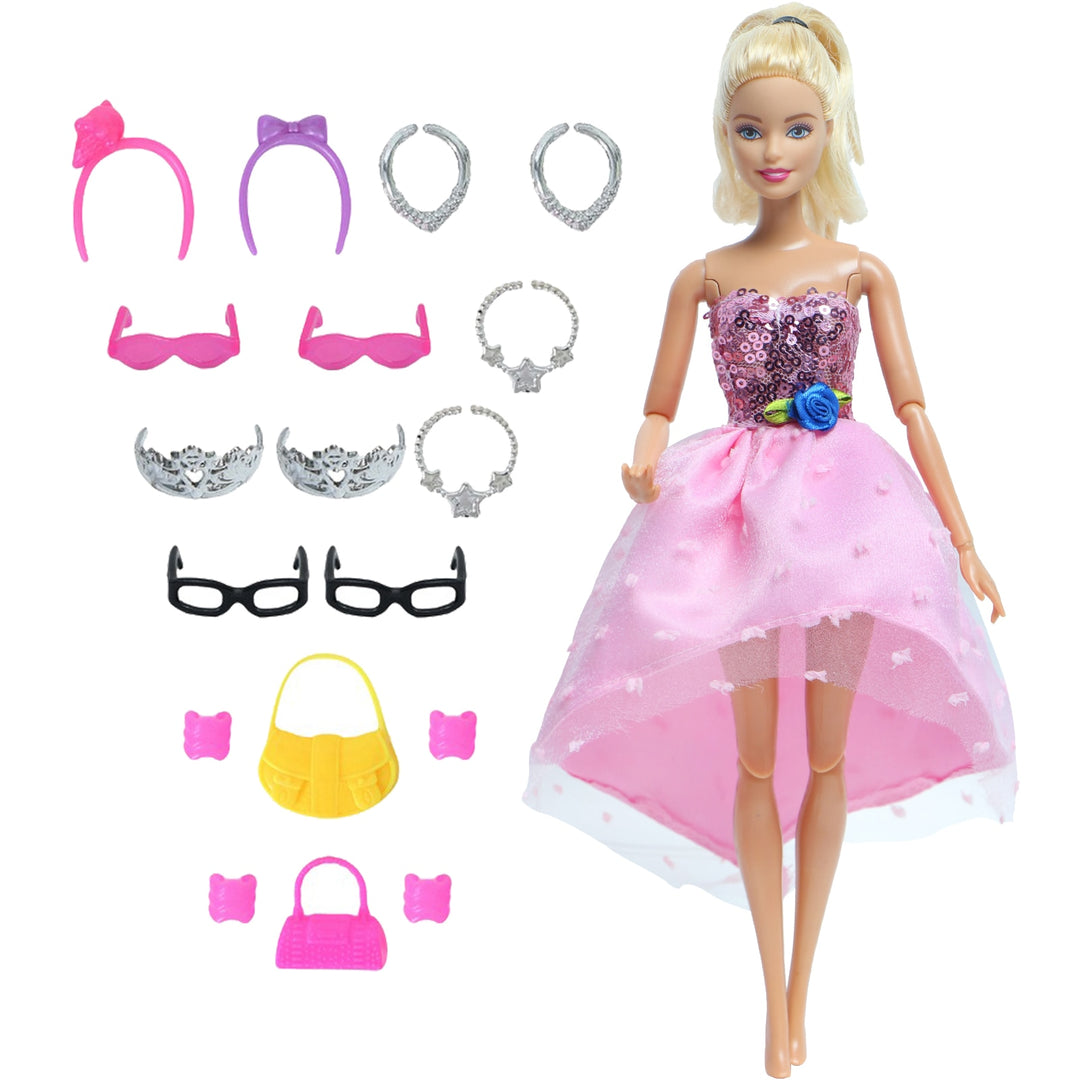 14 Pcs / Lot = 1x Fairy Tale Doll Dress + 13x Random Accessories Shoes Handbag Glasses Clothes for Barbie Doll Baby Girl Toys