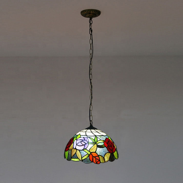 LongHuiJing 1 Light Rose Hanging Chandelier Tiffany Style Red Green Stained Glass Pendant Lamp 12Inch Wide