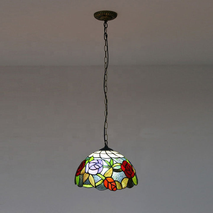 LongHuiJing 1 Light Rose Hanging Chandelier Tiffany Style Red Green Stained Glass Pendant Lamp 12Inch Wide