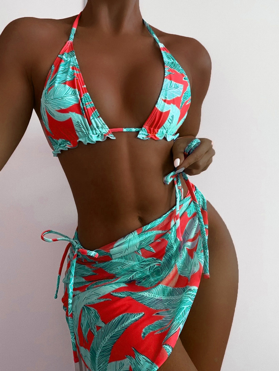 New maple leaf print bathing suite womens bikini and mini skirt 3 piece set