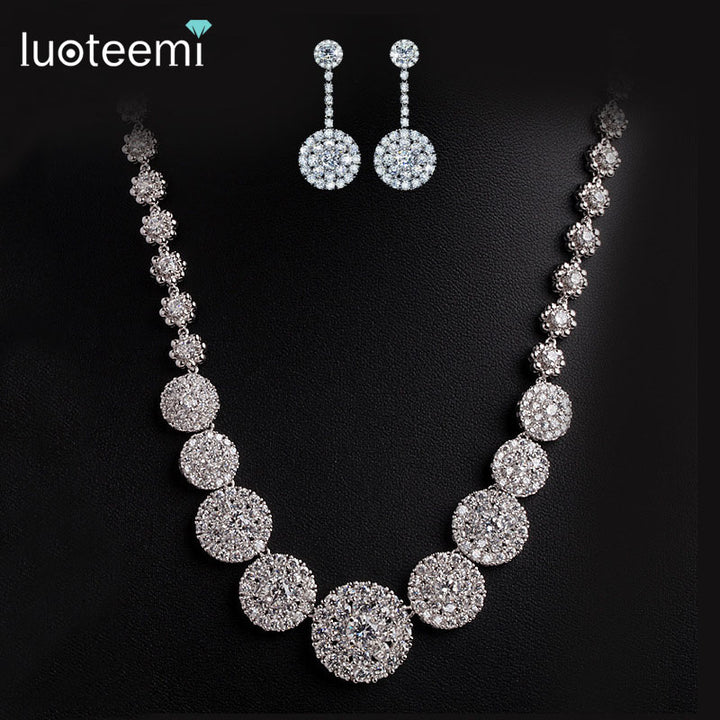 Luxury white gold plated diamond bridal earring necklace jewelry set