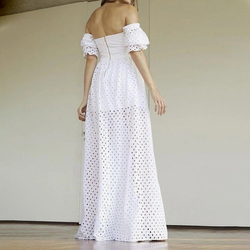 Women square neck white lace with buckle chest skirt bubble short sleeves