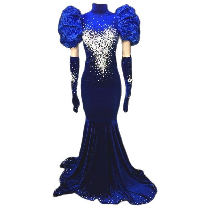 Luxury backless blue velvet pearls crystal wedding mermaid womens evening gown