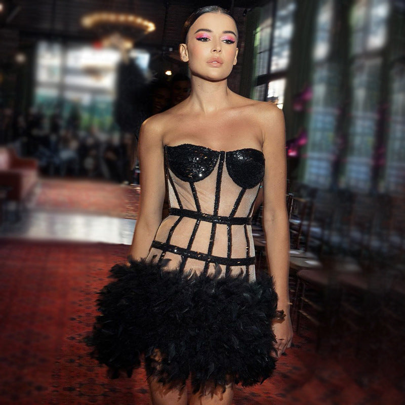 Womens blacksequin and feather fashion mini sequin dress