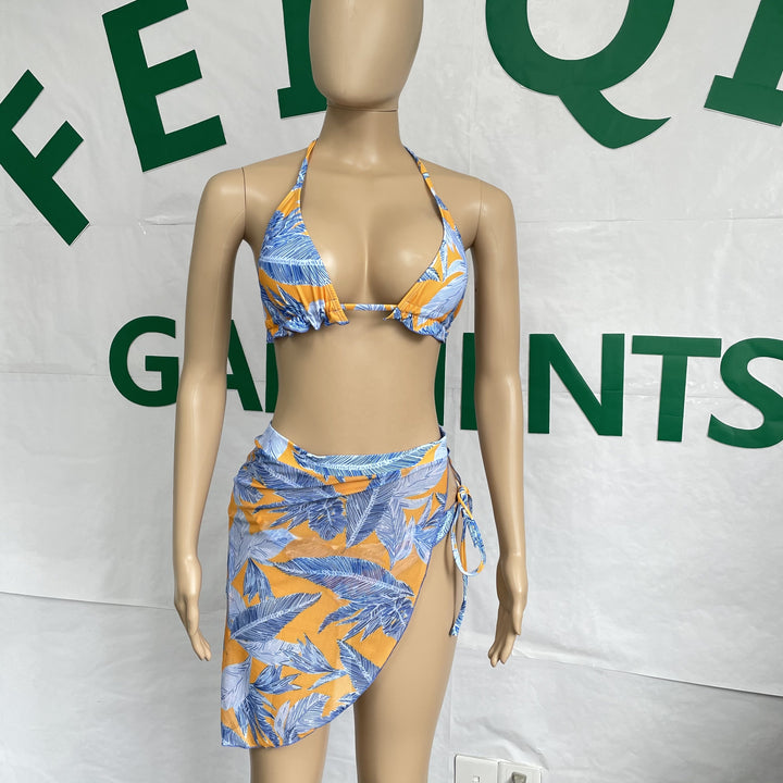 New maple leaf print bathing suite womens bikini and mini skirt 3 piece set