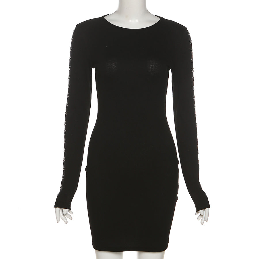 Solid knitted long sleeve buckle club elegant casual dress women