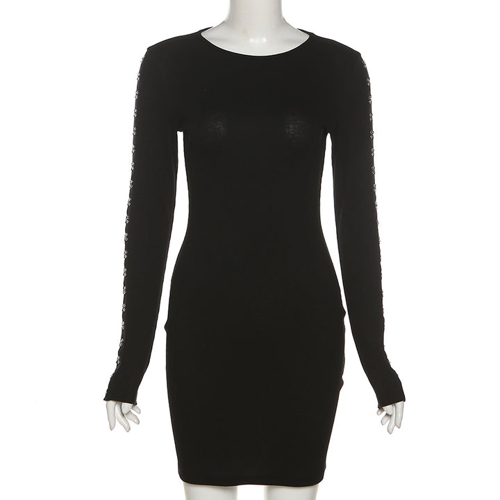 Solid knitted long sleeve buckle club elegant casual dress women