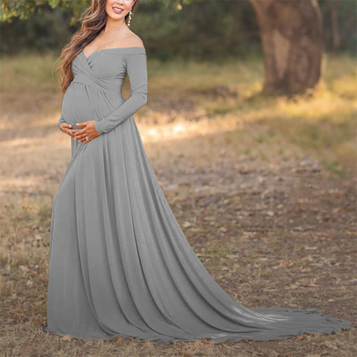 Womens cotton off shoulder long sleeves v neck trailed maternity dress