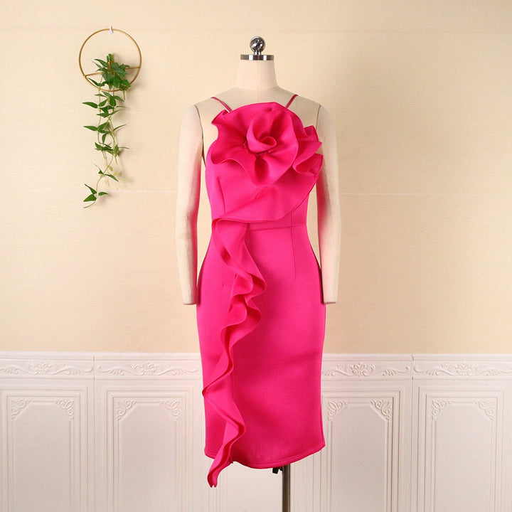 Elegant womenw sleeveless slim blue prom dress rose ruffles