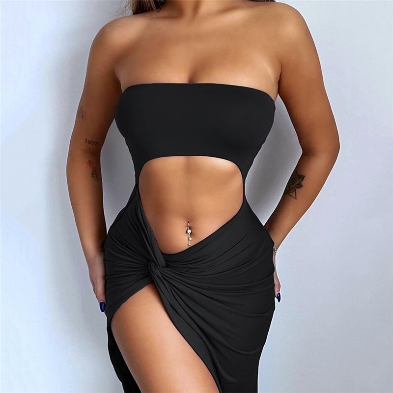 Fashion elegant dress chest wrapping sleeveless pleat side slit shaped waist robe